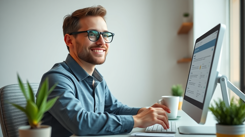 Confident SMB owner sending targeted email campaigns from a modern workspace with visible email statistics