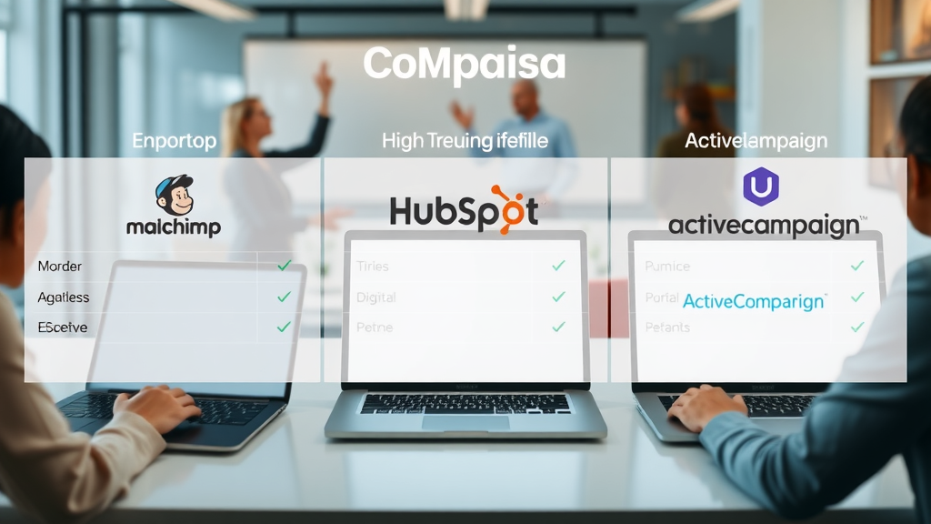 Leading email automation tools including Mailchimp, HubSpot, ActiveCampaign compared in a digital chart in modern workspace