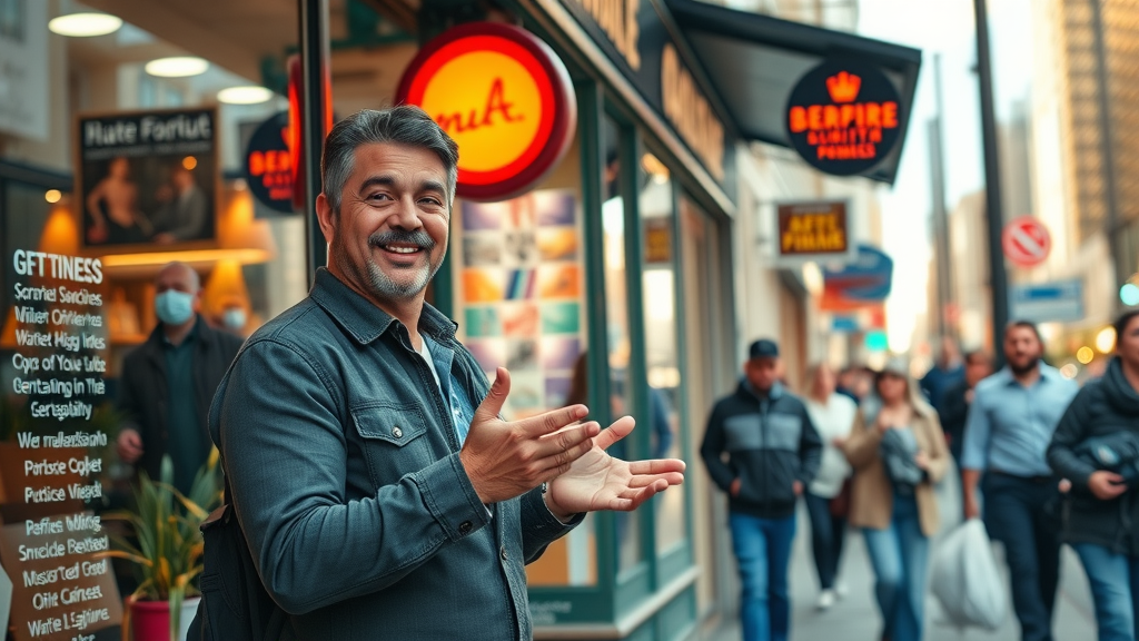 Vibrant small business storefront on a busy urban street, owner confidently greeting customers, small business marketing