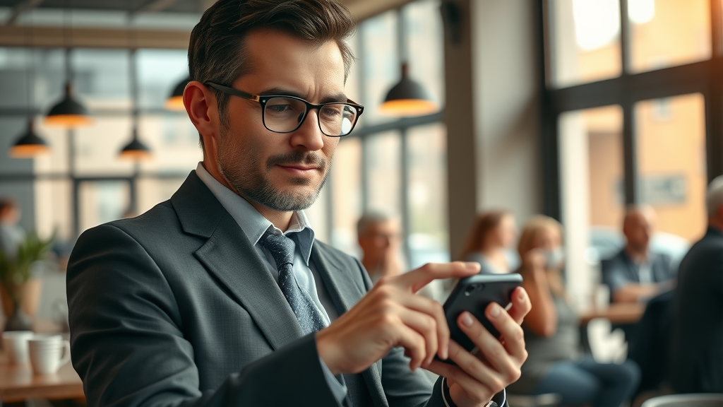 business professional responding to customer feedback on a mobile device, reputation monitoring tools in a trendy coffee shop environment