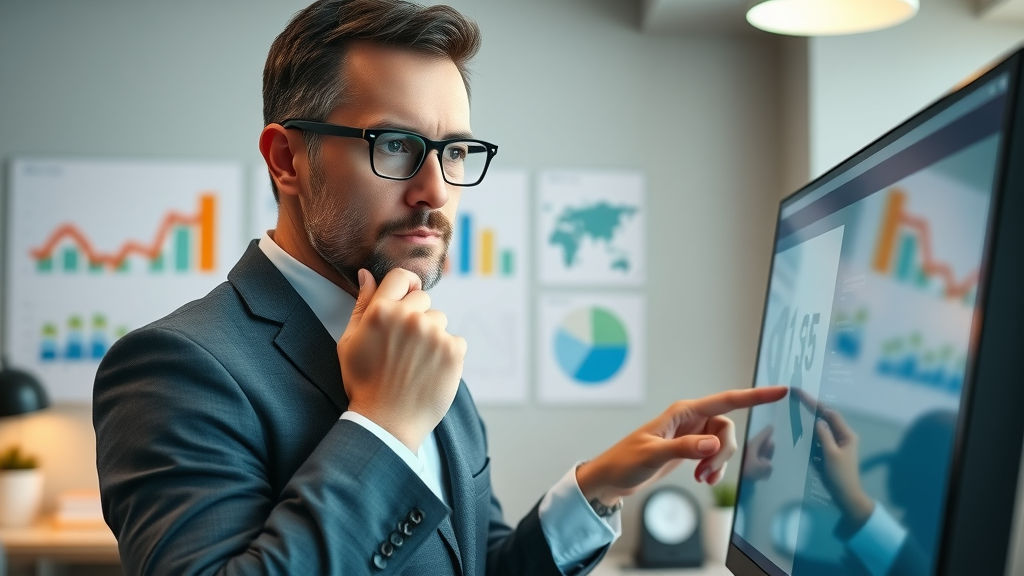 thoughtful business owner customizing a marketing plan on touchscreen monitor, small business marketing plan
