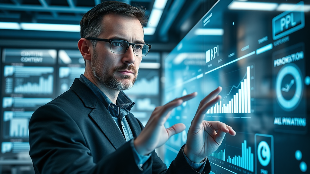 marketing metric, insightful marketing strategist selecting key performance indicators on futuristic interface