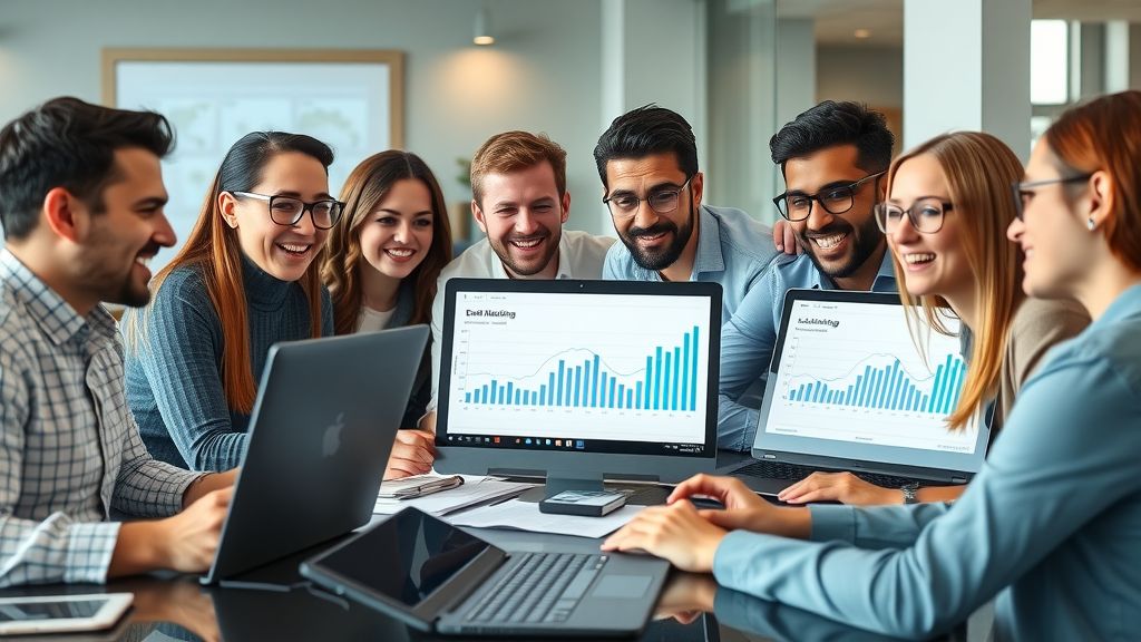 Email marketing best practices team reviewing data in a modern office setting, diverse marketers collaborating over campaign results on laptops