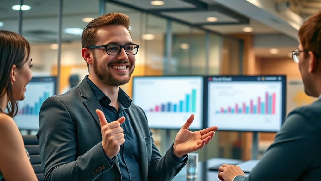 Digital marketing manager presenting lead generation strategy results on a large display to colleagues in a modern conference room.