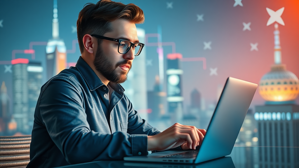 Social media strategist using lead generation techniques to craft targeted ad campaigns on digital platforms with a futuristic cityscape background.