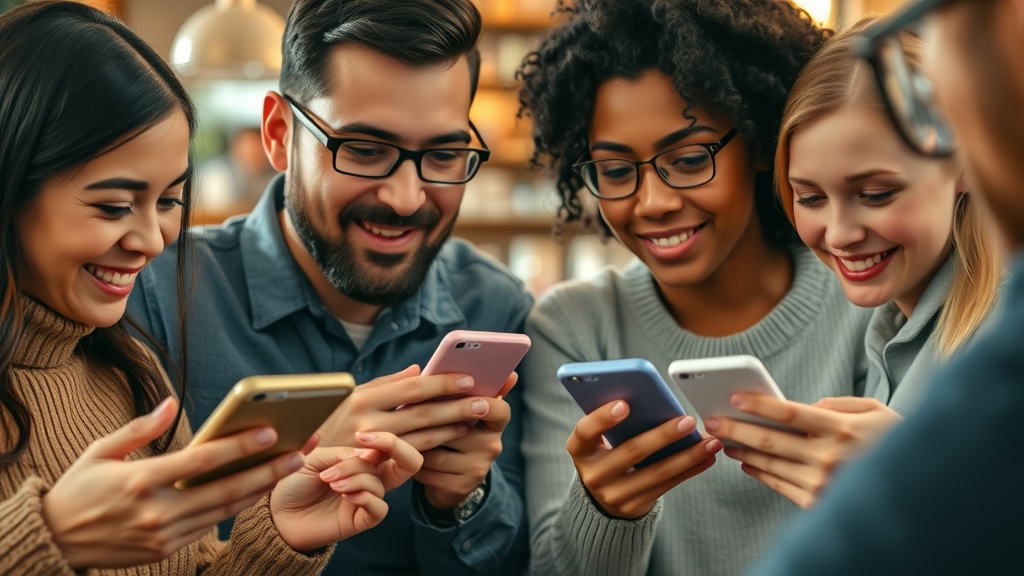 Diverse consumers reading online reviews on smartphones, analyzing brand reputation online