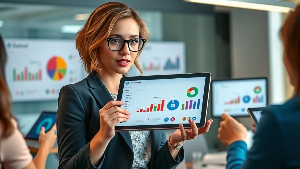 female marketer showing marketing analytics dashboard for modern marketing strategies using data-driven marketing analytics