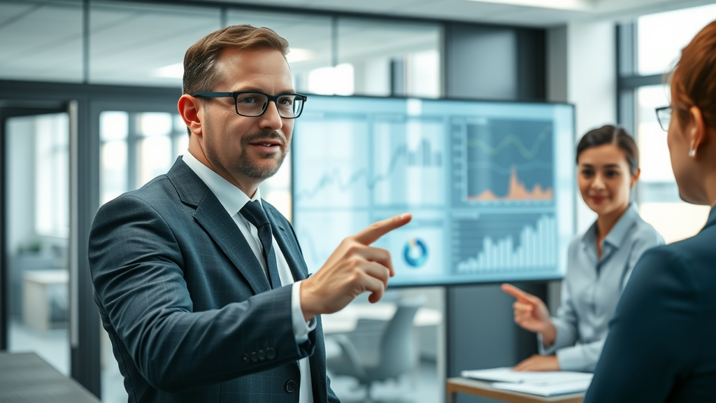 Insightful business consultant explaining attribution model strategy with interconnected graphs on a digital board.