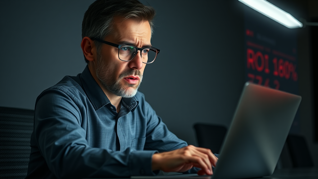 business analyst reviewing negative roi results in a dim office