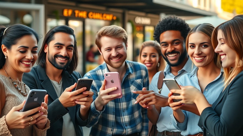 Satisfied group of customers showing positive social proof on their smartphones for social media lead generation at an outdoor café.