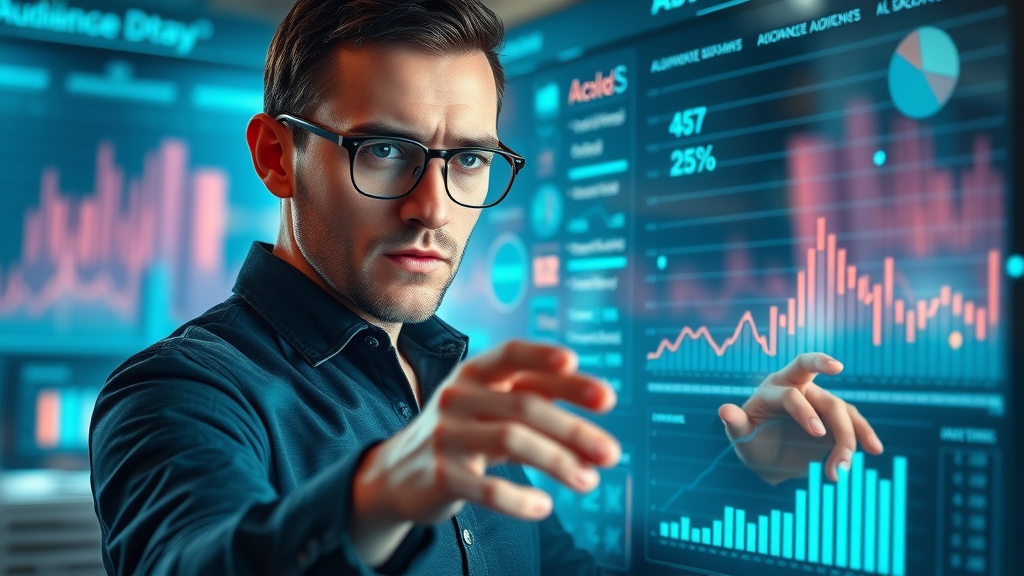 Data analyst segmenting target audience for quality lead generation on advanced digital interface with interactive charts and glowing data points.
