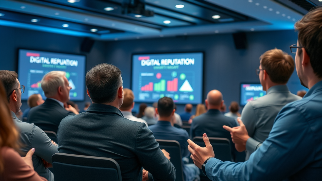 Audience learning about brand reputation online strategies at a digital marketing seminar with digital reputation graphics