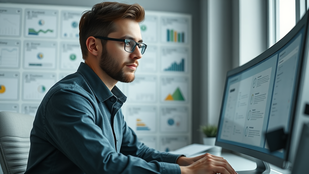 Modern marketer setting up automated email workflow with digital diagrams and automation icons