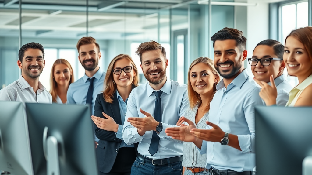 Confident business professionals managing brand reputation online in a modern glass-walled office, collaborative teamwork, digital screens, white and blue accents
