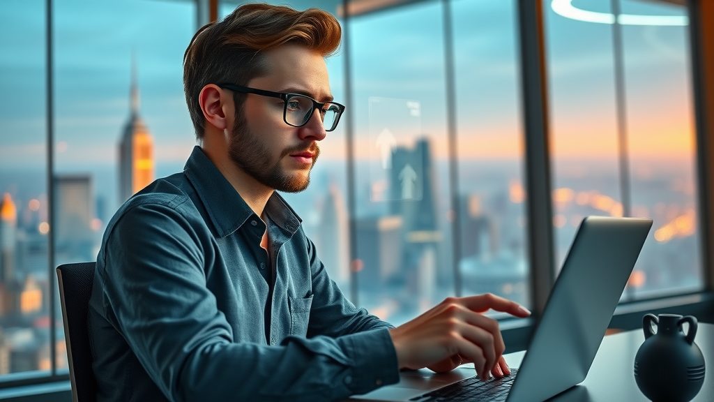 digital marketing specialist analyzing reputation management statistics for digital reputation in a futuristic office with holographic screens