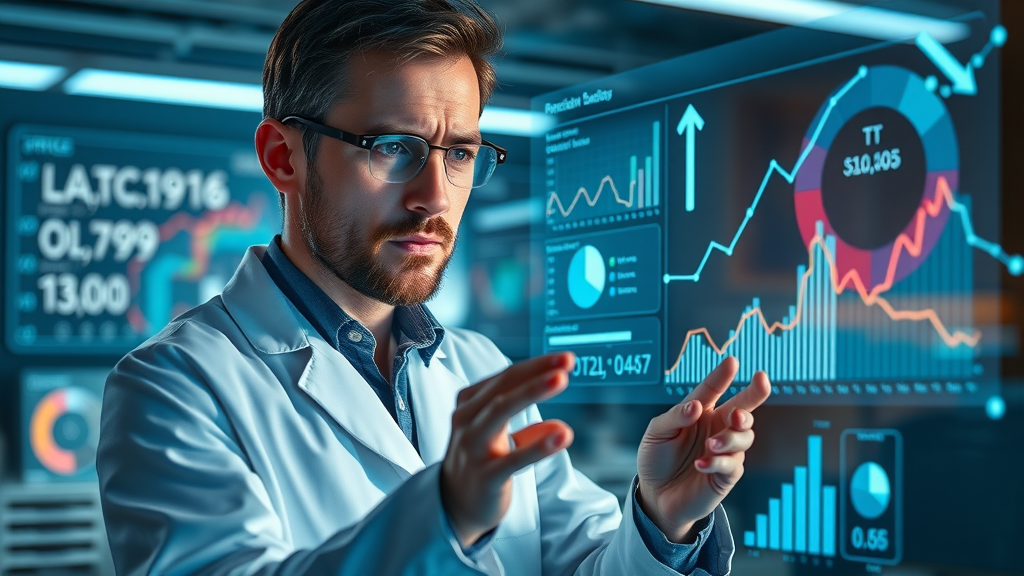 data scientist reviewing predictive analytics models on holographic display, predictive analytics, marketing analytics, data analytics