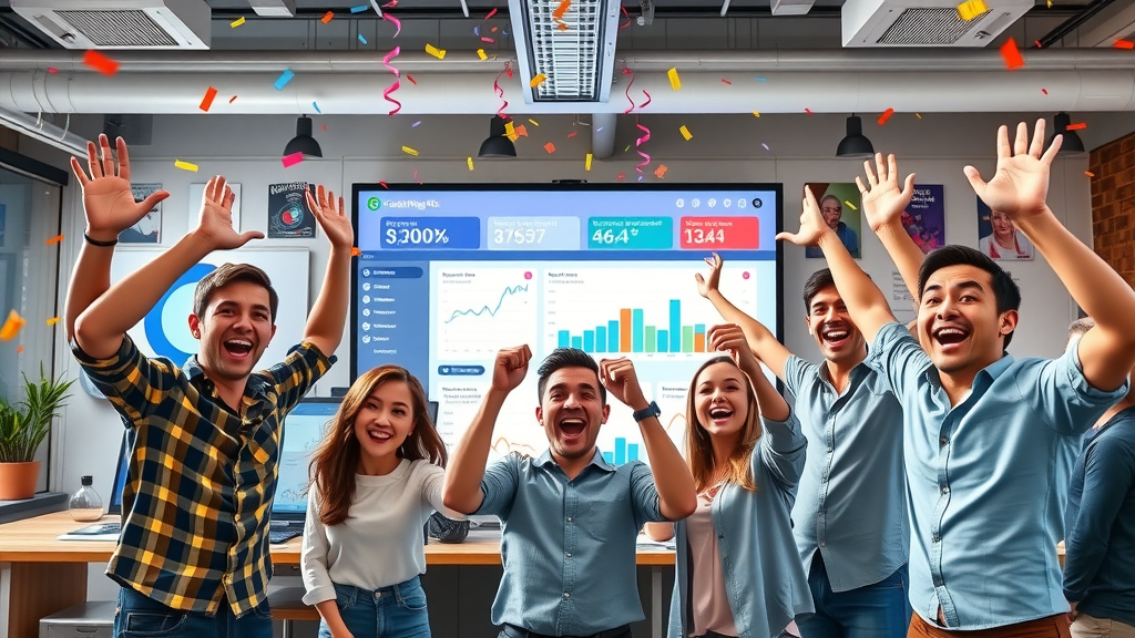 marketing team celebrating successful data visualization dashboard metrics