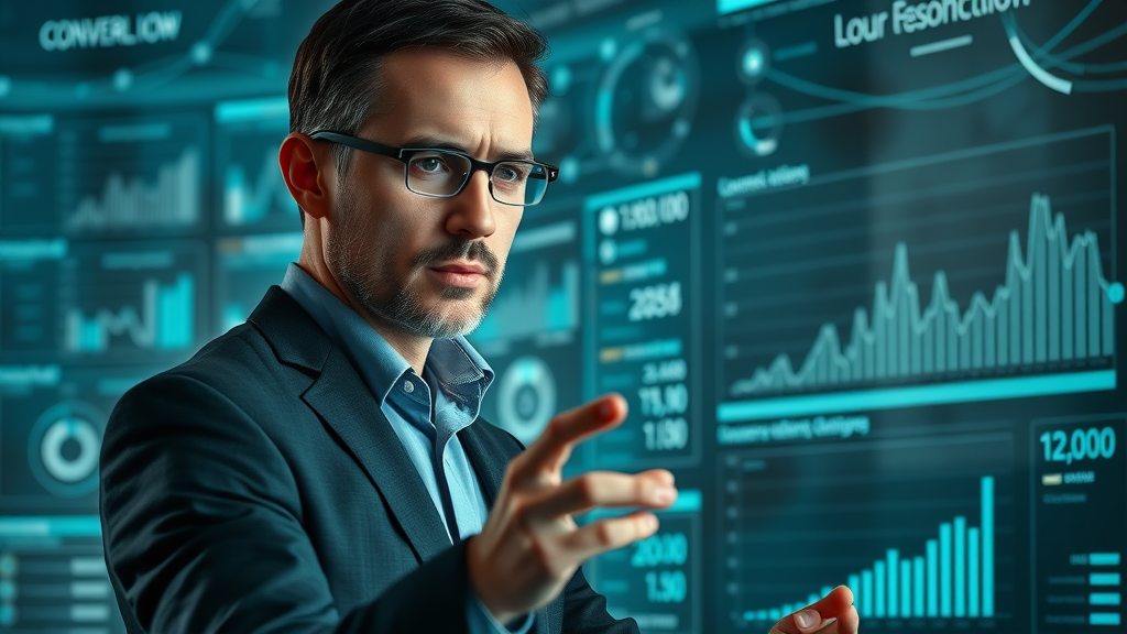 Business analyst reviewing Google Tag and conversion flow data streams on a sleek dashboard, connected for actionable Google Ads conversion insights