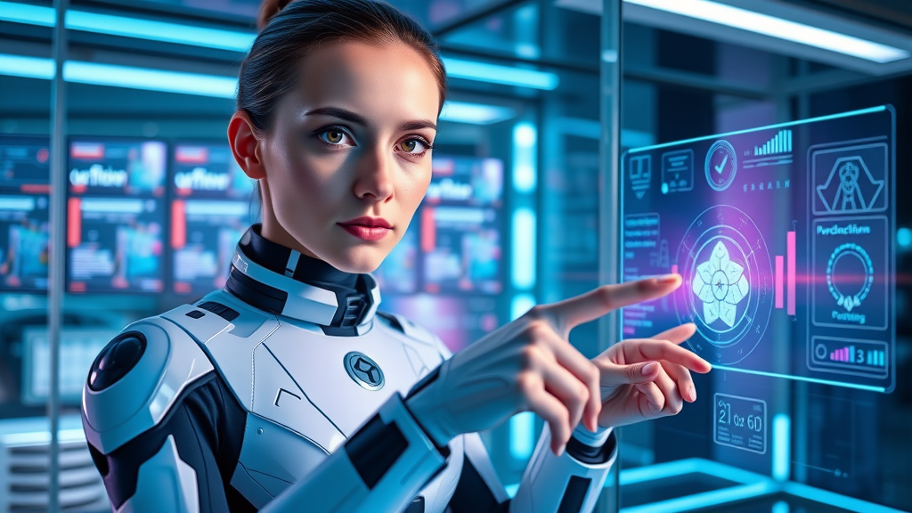 Futuristic AI-powered marketing automation software with digital marketers and advanced holographic workflows