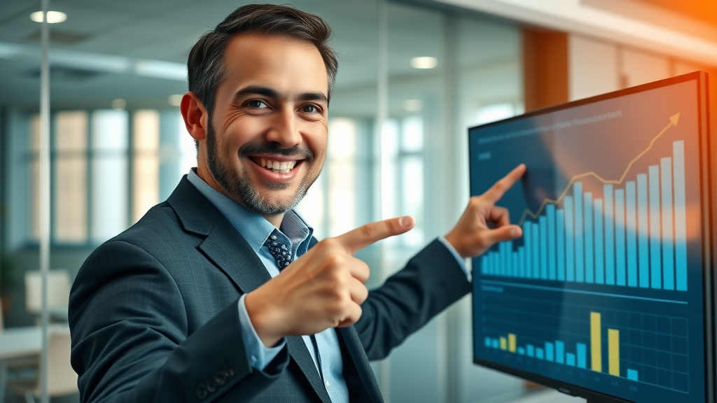 Smiling marketing executive highlighting rising ROI and conversion rate graphs in a conference room, emphasizing successful Google Ads conversion tracking