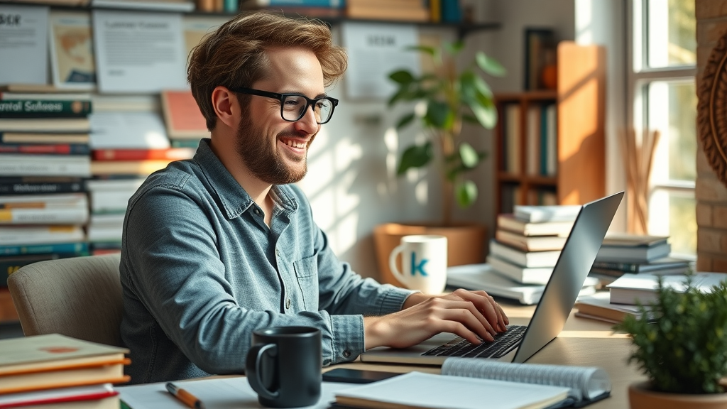 Inspired content writer crafting compelling blog posts for content marketing in a cozy creative workspace