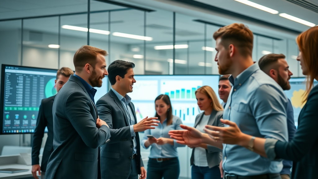 Digital marketers using marketing automation tools in a sleek glass-walled modern office, analyzing digital dashboards and analytics screens
