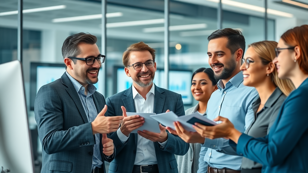 Business professionals discussing social media lead generation strategies in a modern office setting, with analytics on digital monitors.