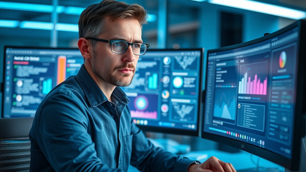 thoughtful business analyst comparing CRM software features for marketing, dual monitors and futuristic workspace