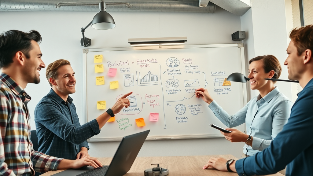 Engaged marketing team brainstorming solutions for automation challenges on whiteboard in a modern workspace