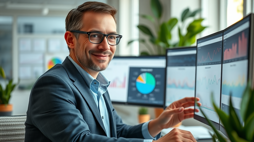 marketing automation tools manager analyzing campaign data digital office