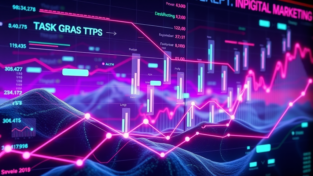 Animated chart representing digital marketing adoption trends for SMBs in an abstract digital landscape, glowing infographics