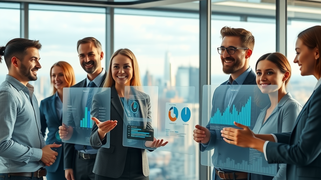 futuristic business team engaging with digital marketing dashboards using marketing automation benefits