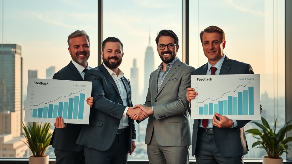 business leaders celebrating success with online customer feedback and growth charts