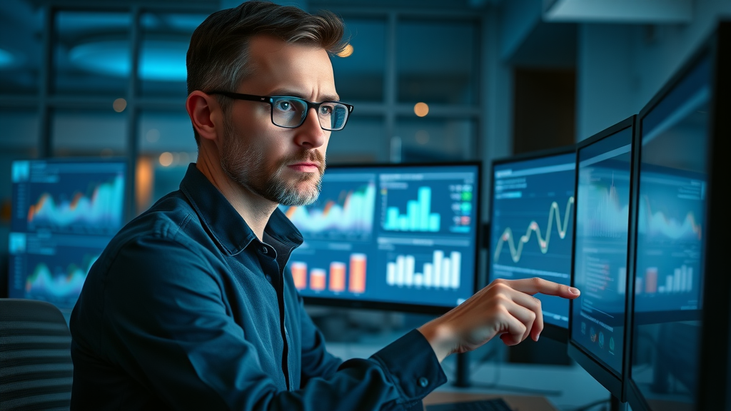 thoughtful marketing manager monitoring lead nurturing automation dashboard for improved conversion