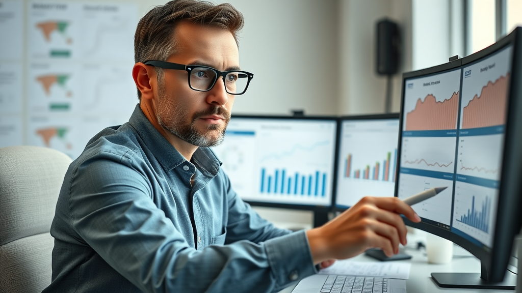 Analytical marketing specialist calculating customer acquisition cost and revenue on monitors