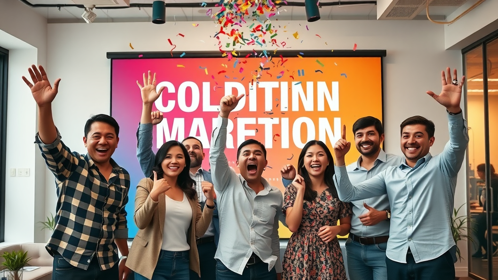digital marketing metrics, triumphant marketing team celebrating campaign results in colorful office