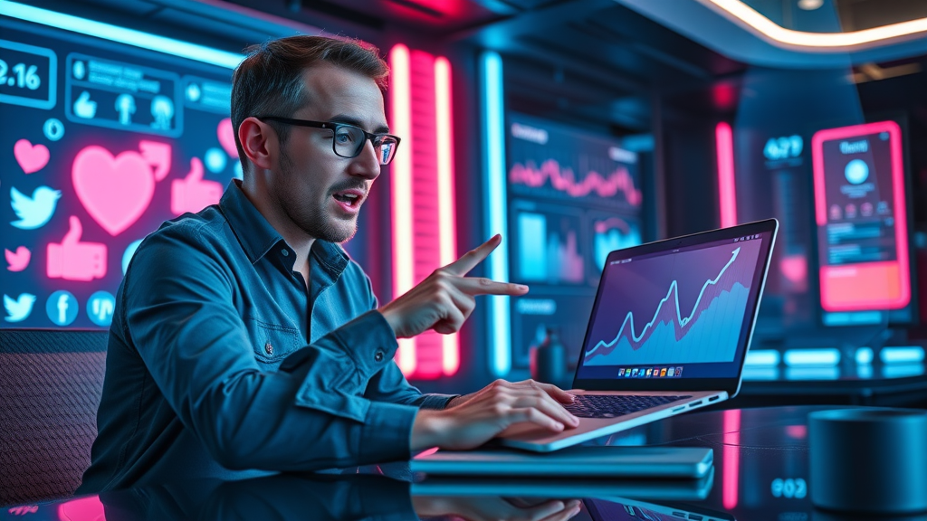marketer analyzing social media data social networks acquisition strategy glowing workspace