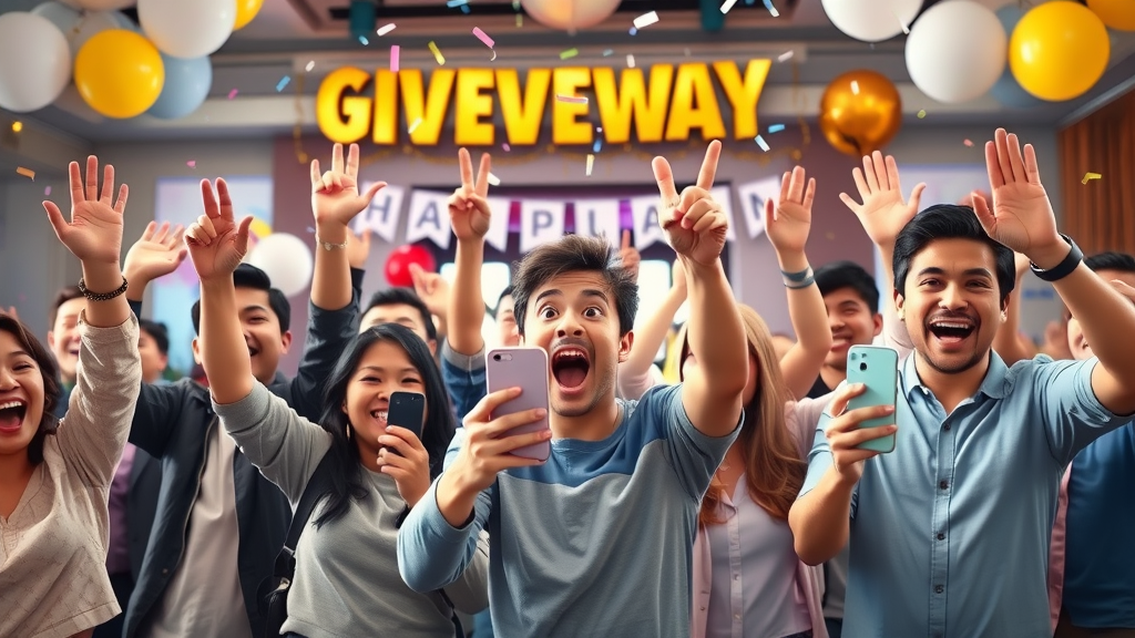 Excited contest and giveaway participants celebrating on social media for lead generation success.