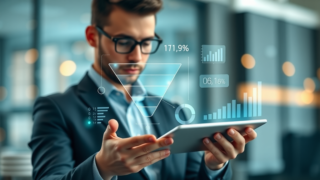 sleek conversion funnel infographic, digital marketer analyzing conversion funnel optimization stages