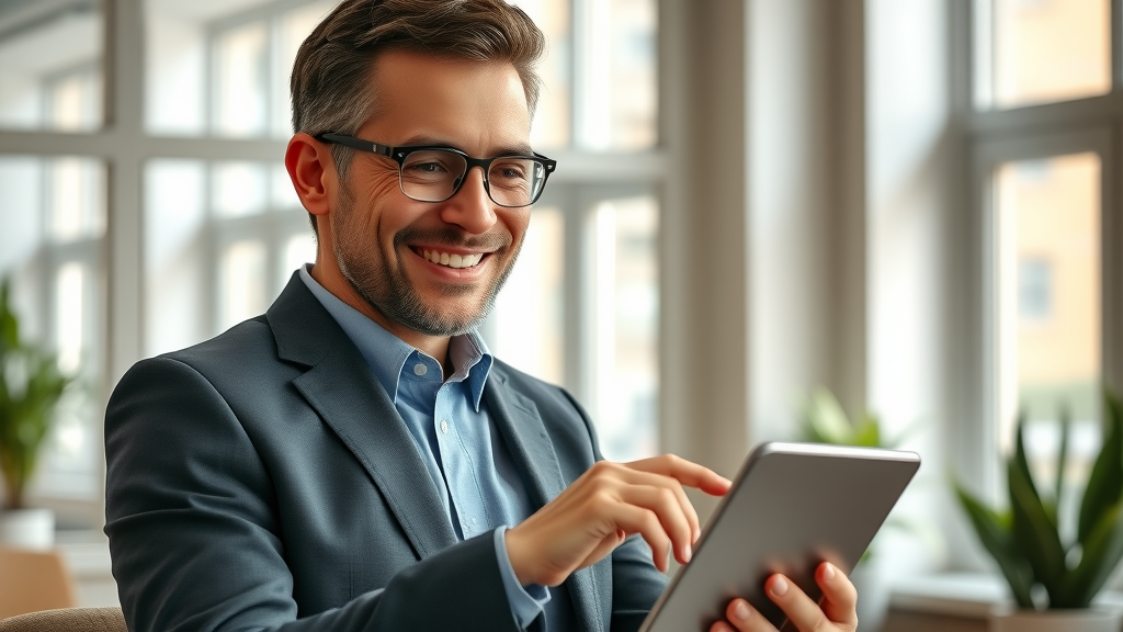 confident business owner engaging with digital reviews in a modern office - review response techniques