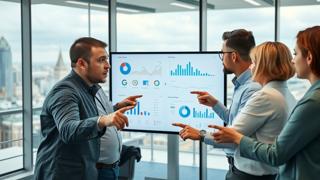 collaborative marketing team analyzing marketing dashboard reports, high-tech meeting space