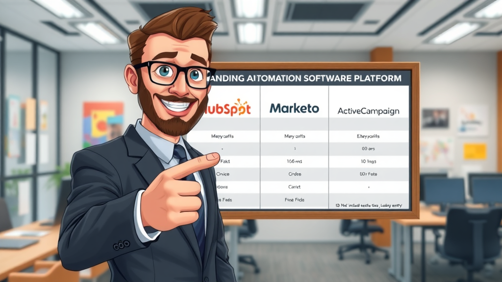 Comparison chart of leading automation software platforms: HubSpot, Marketo, and ActiveCampaign in a business meeting setting