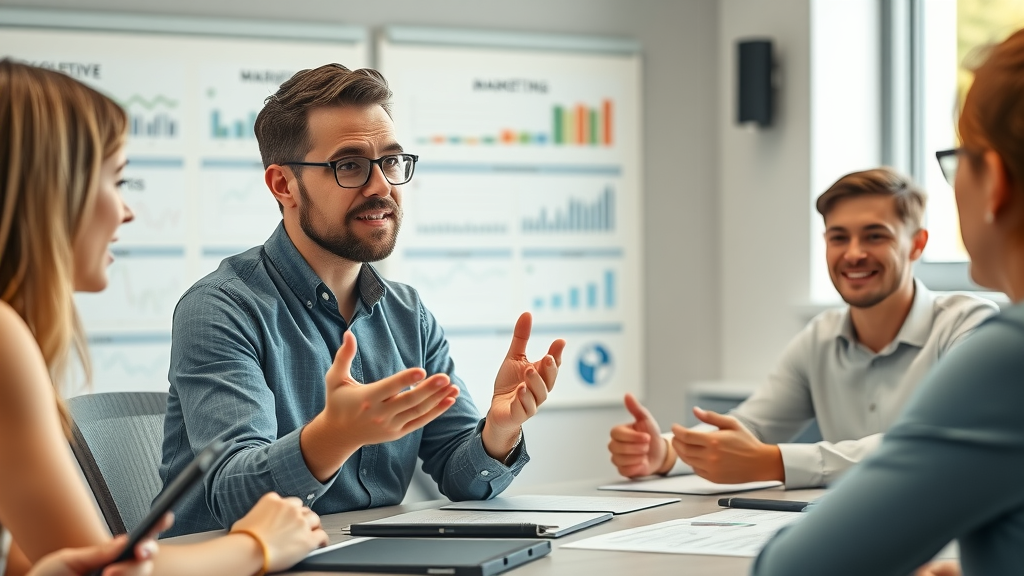 Helpful consultant answering attribution modeling FAQs in a bright conference room.