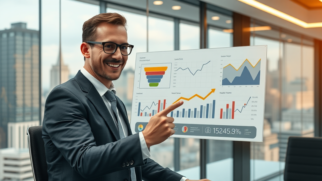 summarized sales success growth, executive analyzing sales funnel optimization results, funnel chart with positive trends