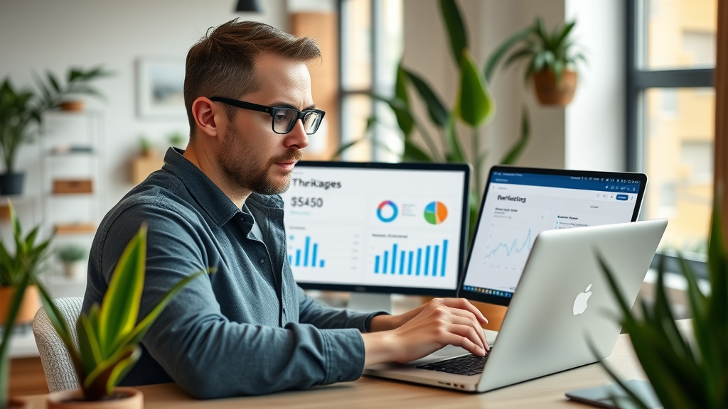 Marketer configuring attribution modeling dashboards on dual laptop screens in a modern coworking space.