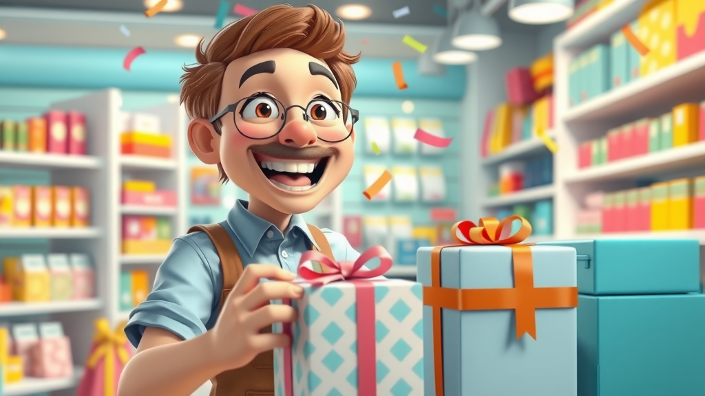 excited shop owner preparing branded contest gift boxes, social media contest for small business