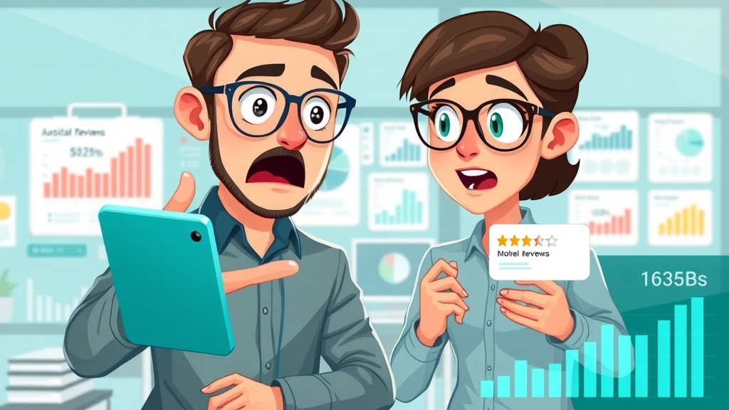 Surprised consumers analyzing online review statistics and digital charts about brand reputation online