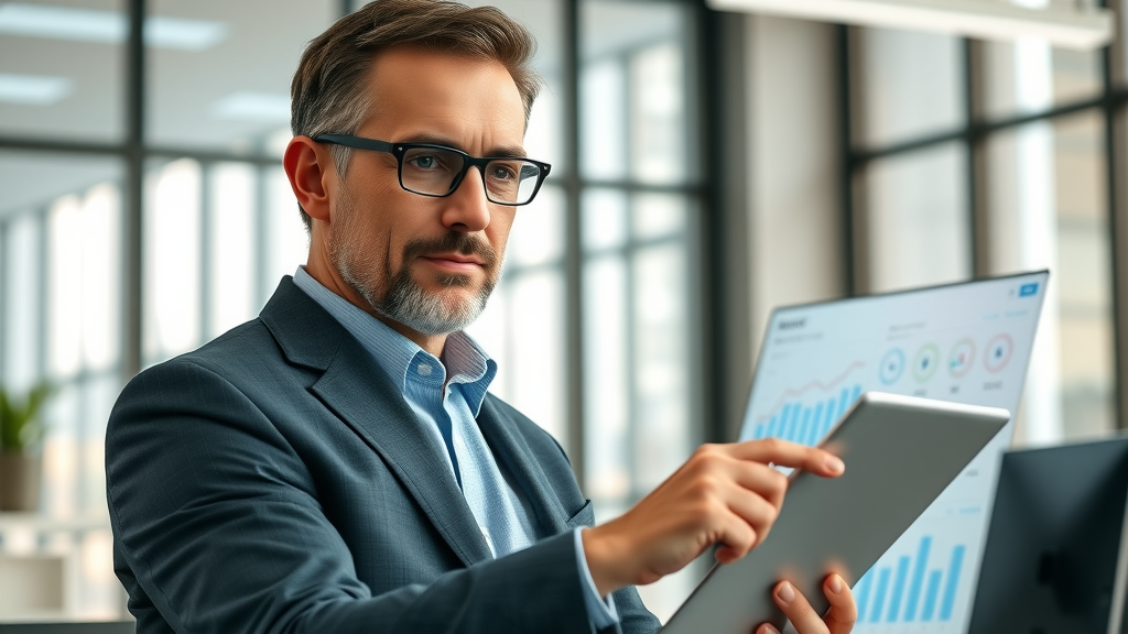 authoritative business owner reviewing online metrics for online reputation management
