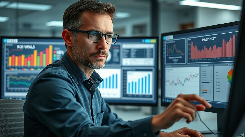 business analyst reviewing ROI performance for real estate and social media campaigns with financial charts