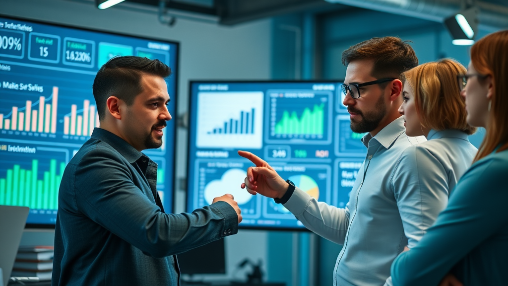 Small business team analyzing marketing budget allocation and ROI
